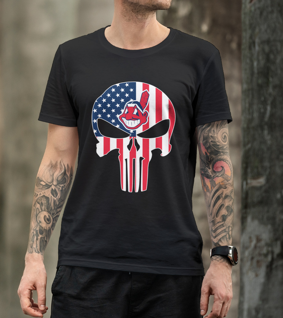 Cleveland Indians Punisher Skull American Flag T-Shirt