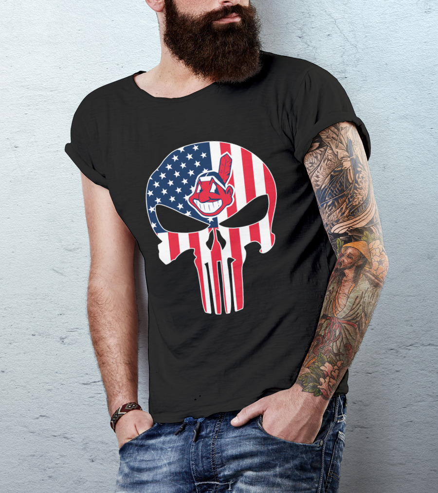 Cleveland Indians Punisher Skull American Flag T-Shirt