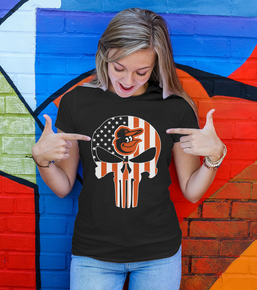 Baltimore Orioles Punisher Skull American Flag T-Shirt
