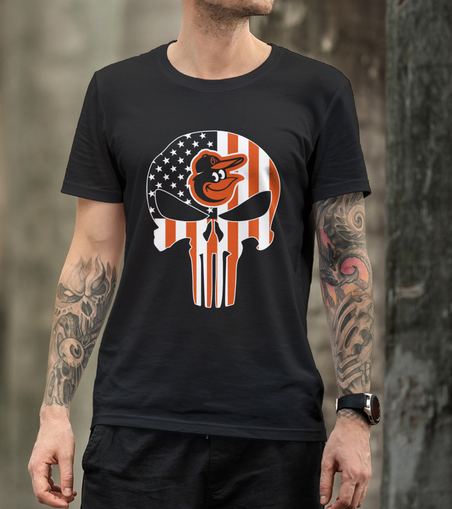 Baltimore Orioles Punisher Skull American Flag T-Shirt