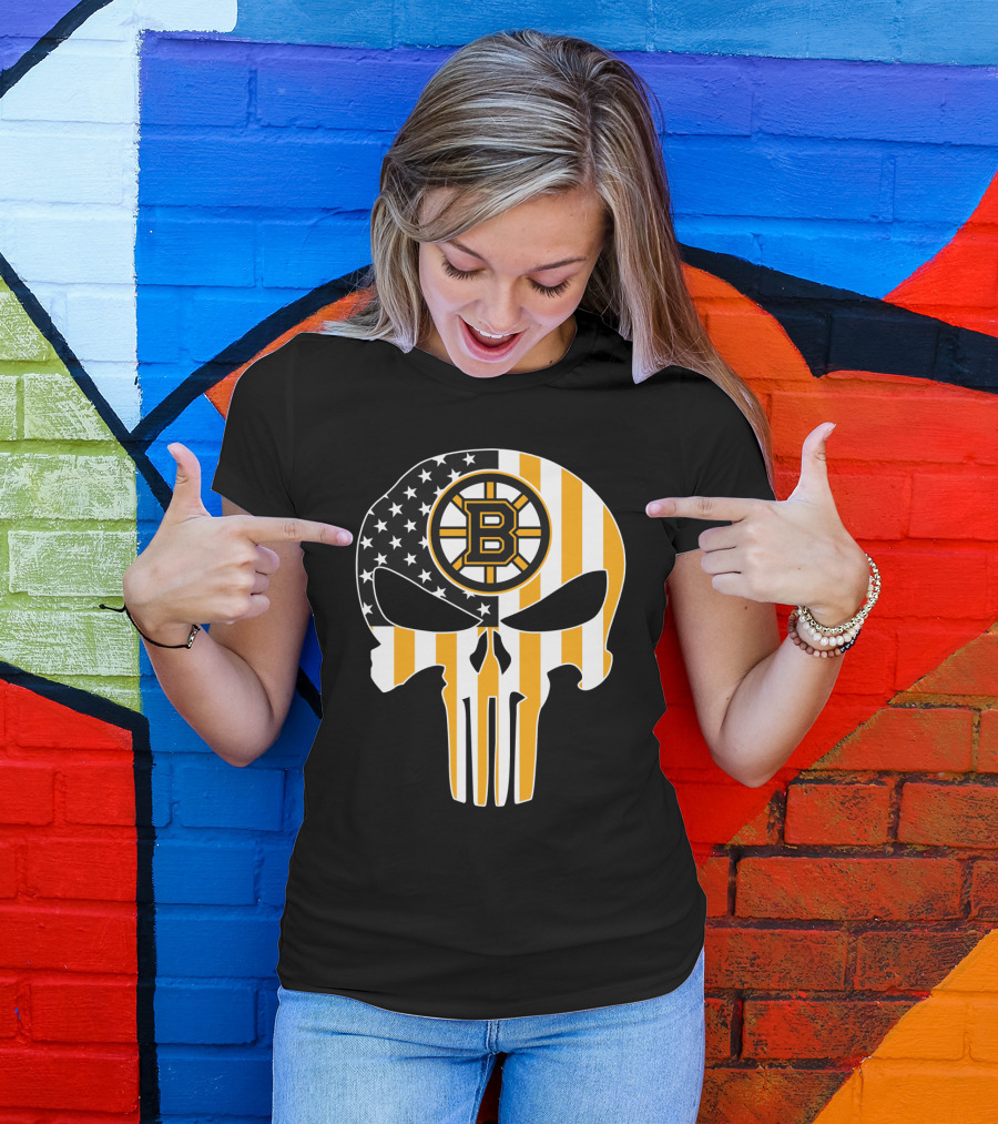 Boston Bruins Punisher Skull American Flag T-Shirt