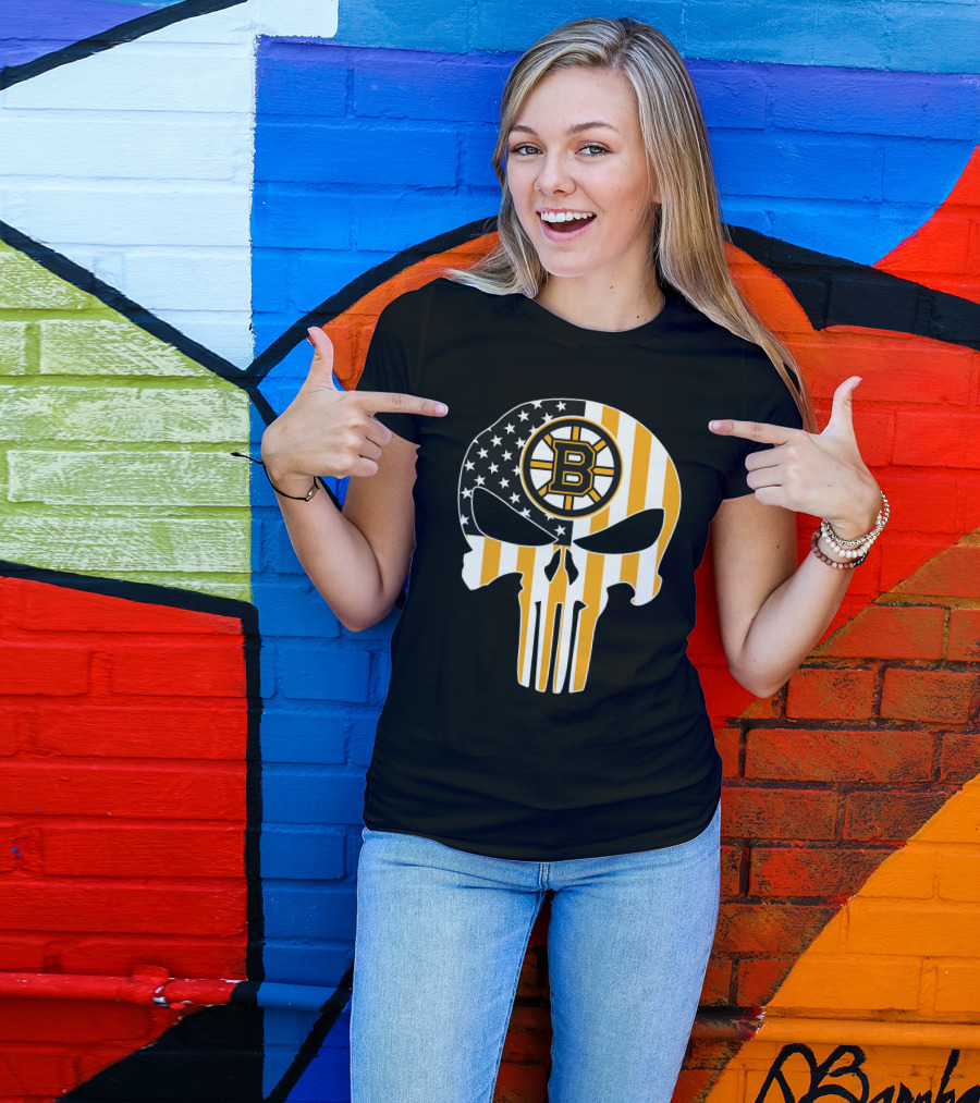Boston Bruins Punisher Skull American Flag T-Shirt