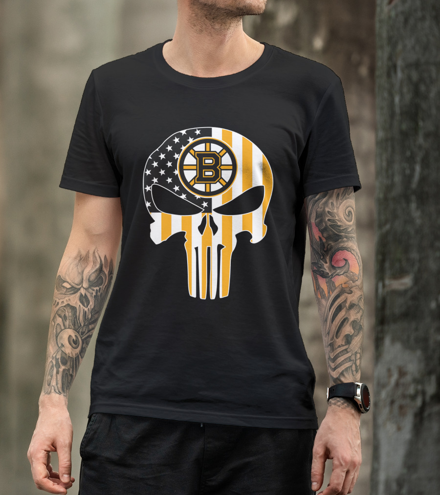 Boston Bruins Punisher Skull American Flag T-Shirt