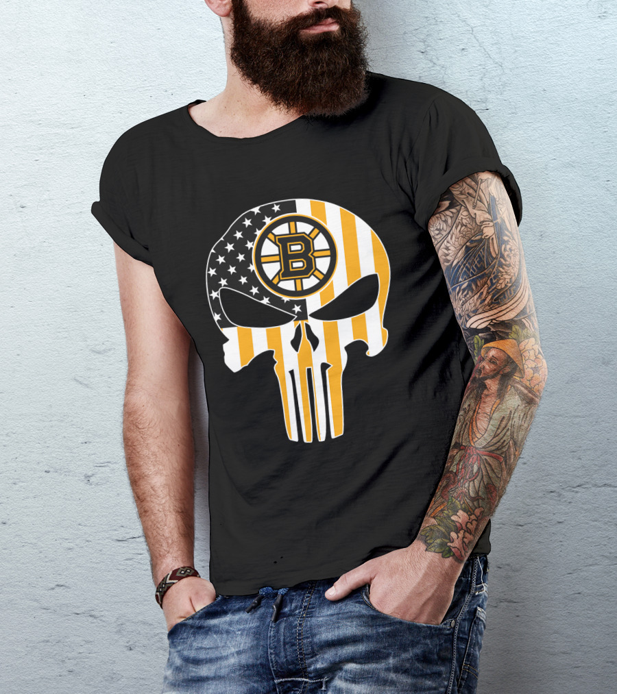 Boston Bruins Punisher Skull American Flag T-Shirt