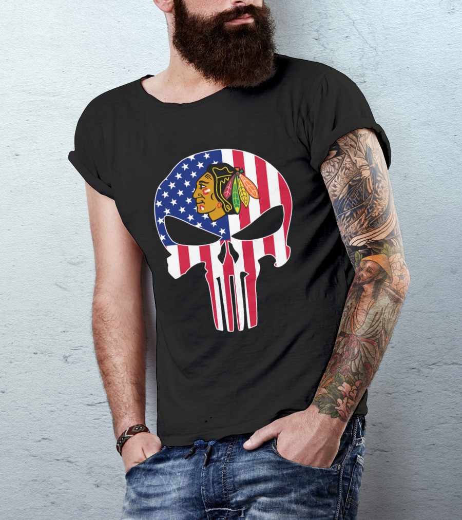 Chicago Blackhawks Punisher Skull American Flag T-Shirt