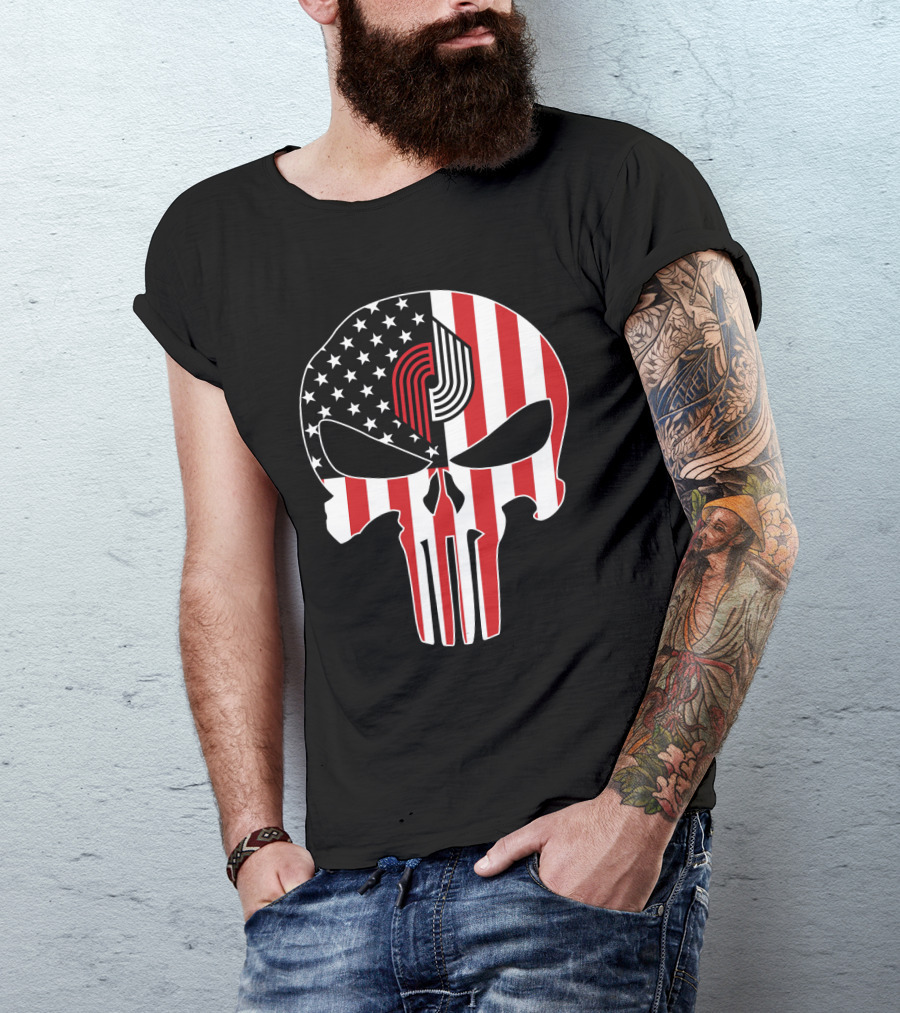 Portland Trail Blazers Punisher American Flag Skull T-Shirt