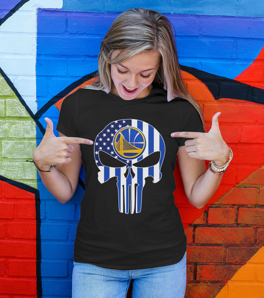 Golden State Warriors Skull Blue American Flag T-Shirt