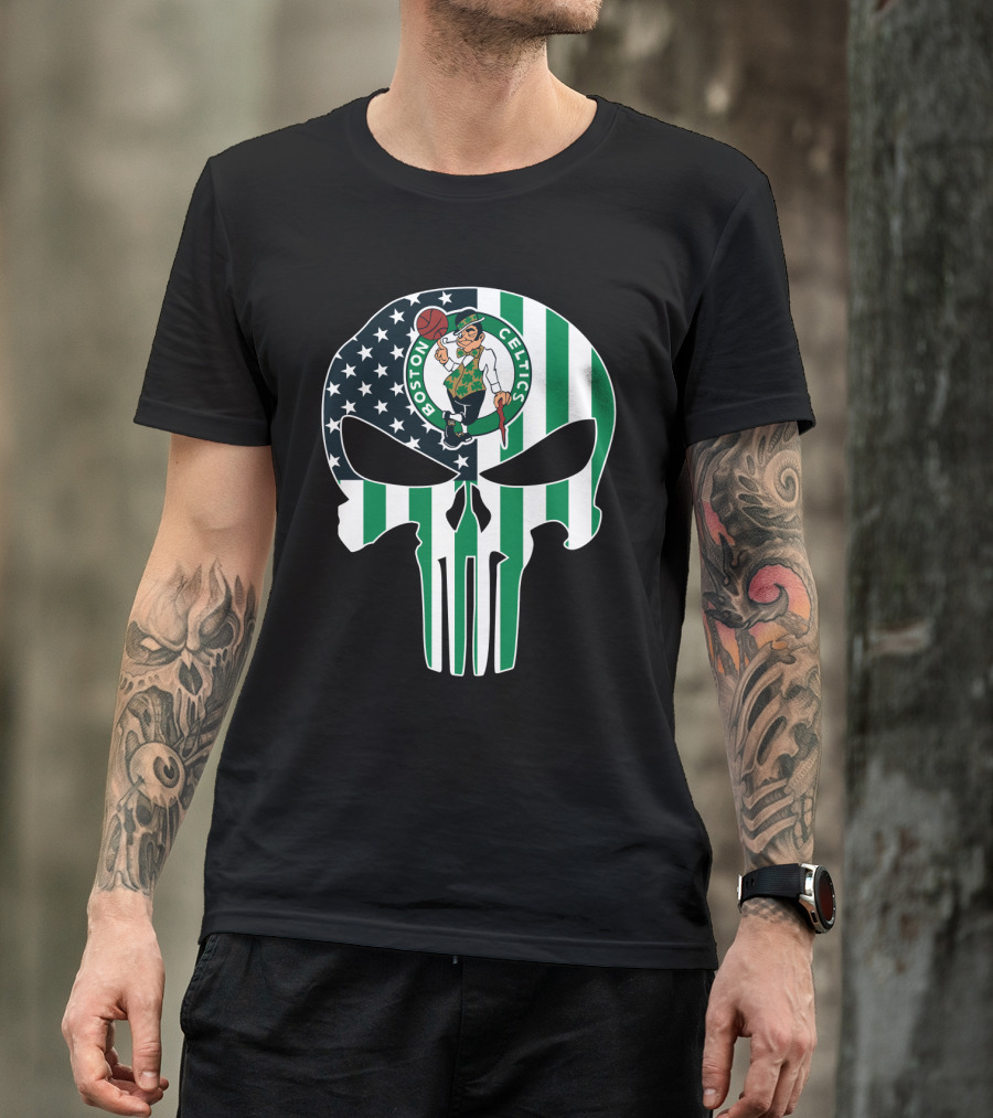 Boston Celtics American Flag Punisher Skull T-Shirt