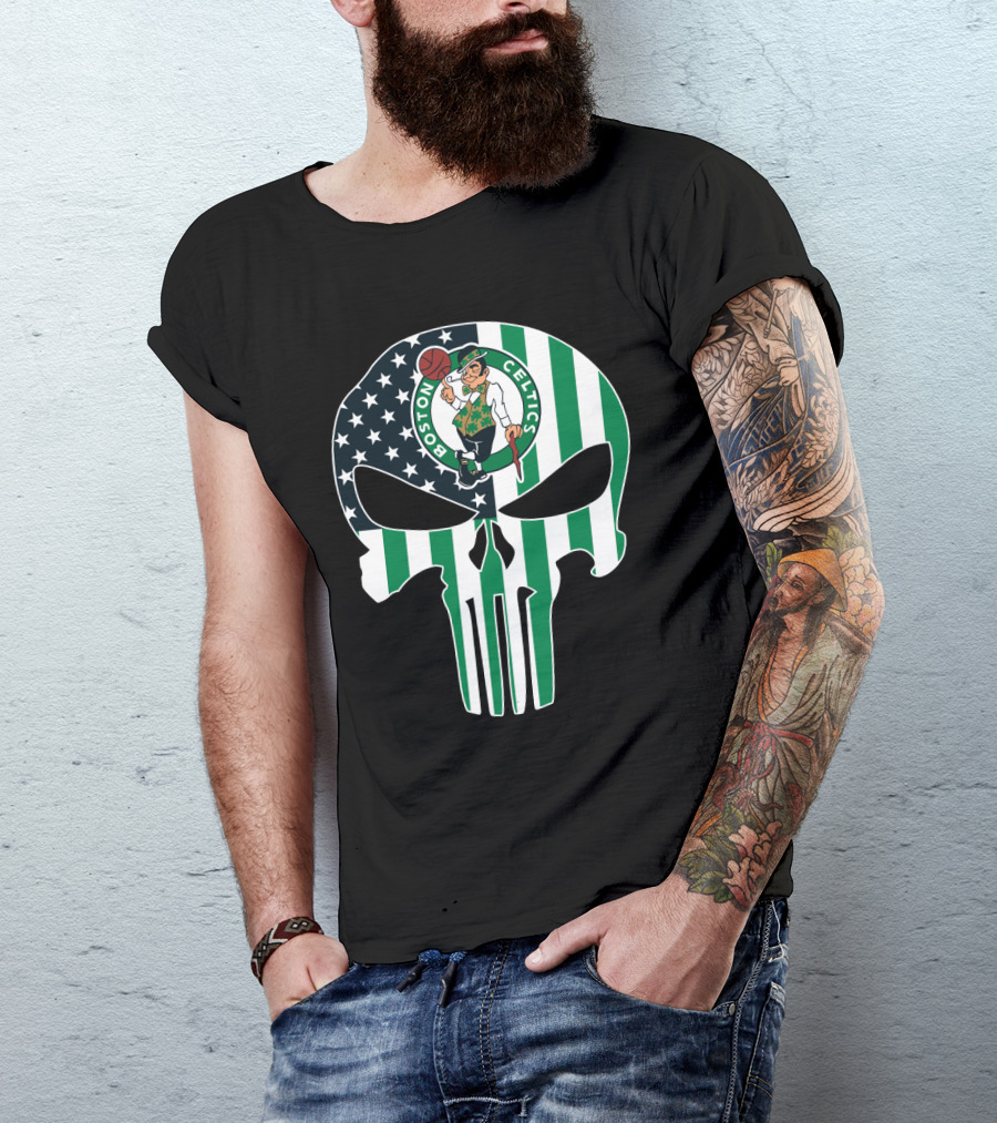 Boston Celtics American Flag Punisher Skull T-Shirt