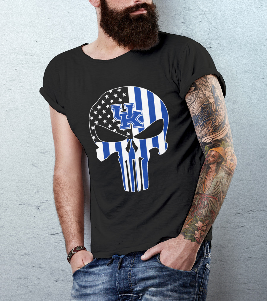 Uk Wildcats Punisher Skull American Flag Blue Stripes T-Shirt