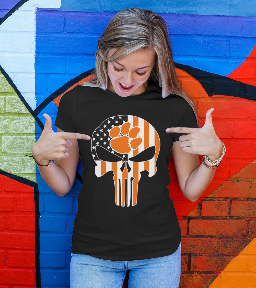 Clemson Tigers Paw Skull American Flag T-Shirt