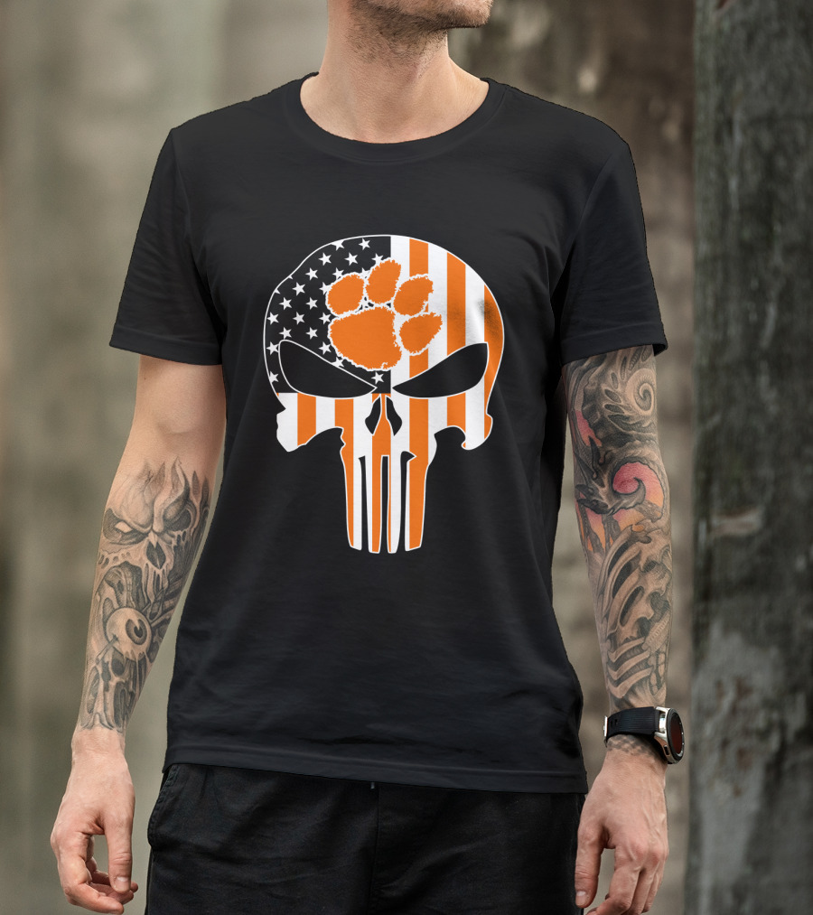Clemson Tigers Paw Skull American Flag T-Shirt