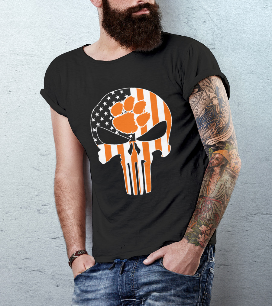 Clemson Tigers Paw Skull American Flag T-Shirt