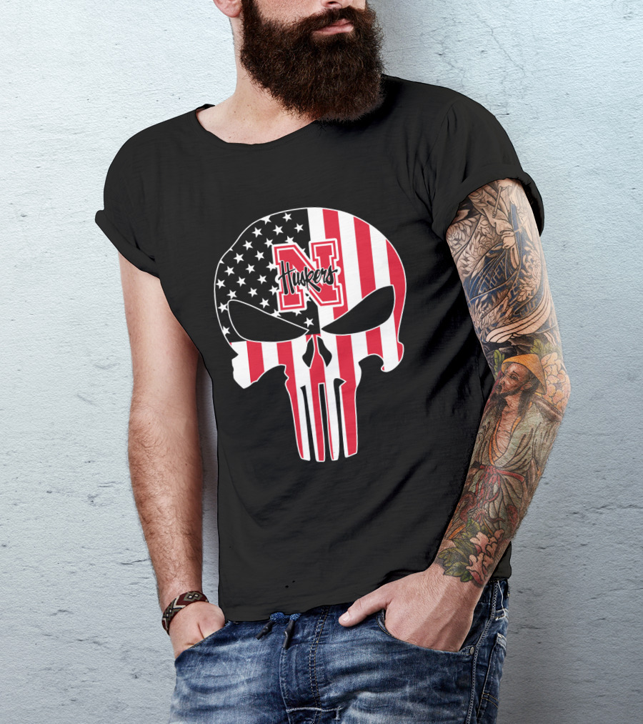 Nebraska Cornhuskers American Flag Skull Punisher T-Shirt