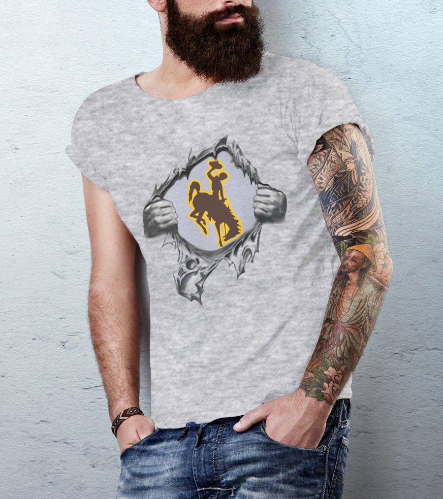 Wyoming Cowboys Bucking Horse And Rider Symbol Tearing Through Surface T-Shirt