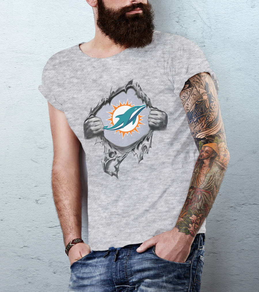 Miami Dolphins Logo In Ripped Metal Design Featuring Team T-Shirt