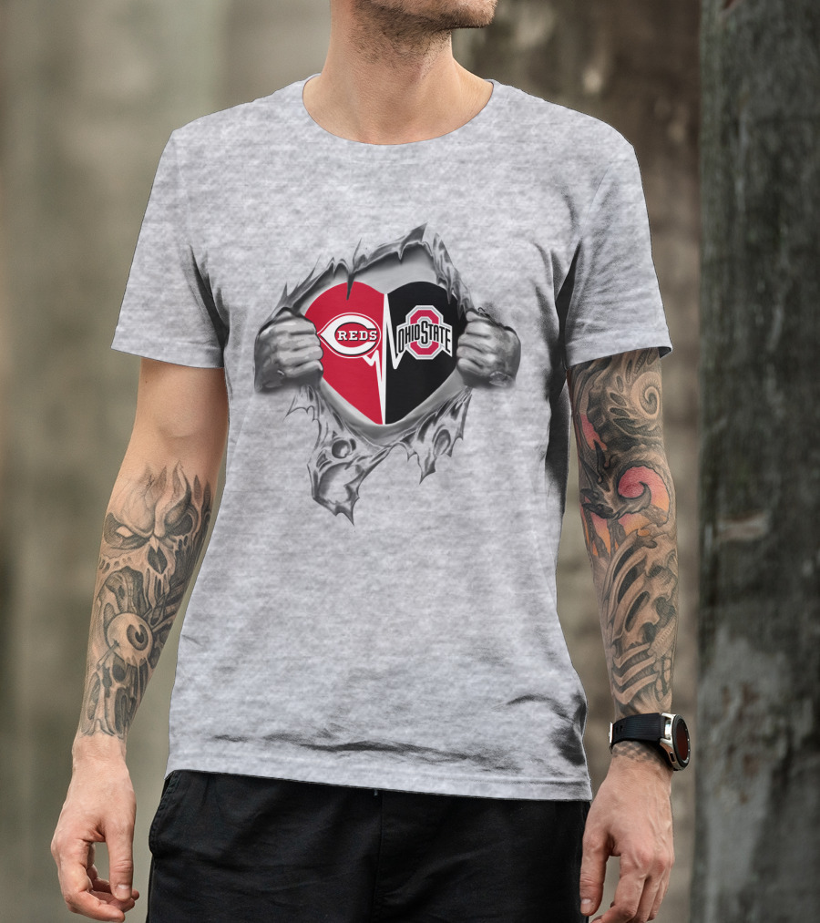 Reds Ohio State Buckeyes Heart Graphic With Torn Effect T-Shirt