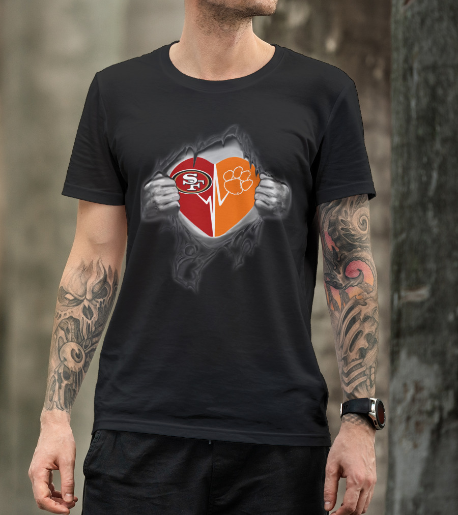Clemson Tigers Heartbeat With San Francisco 49ers Logo Fusion T-Shirt