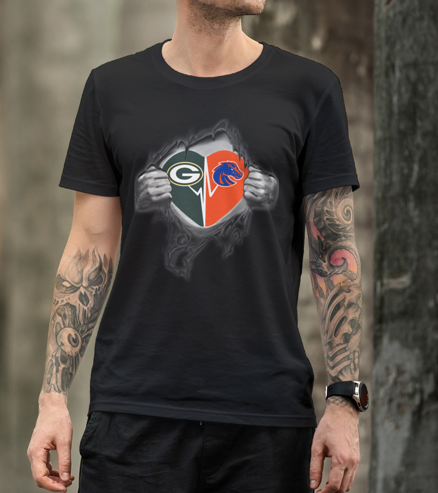 Green Bay Packers And Boise State Broncos Heart T-Shirt