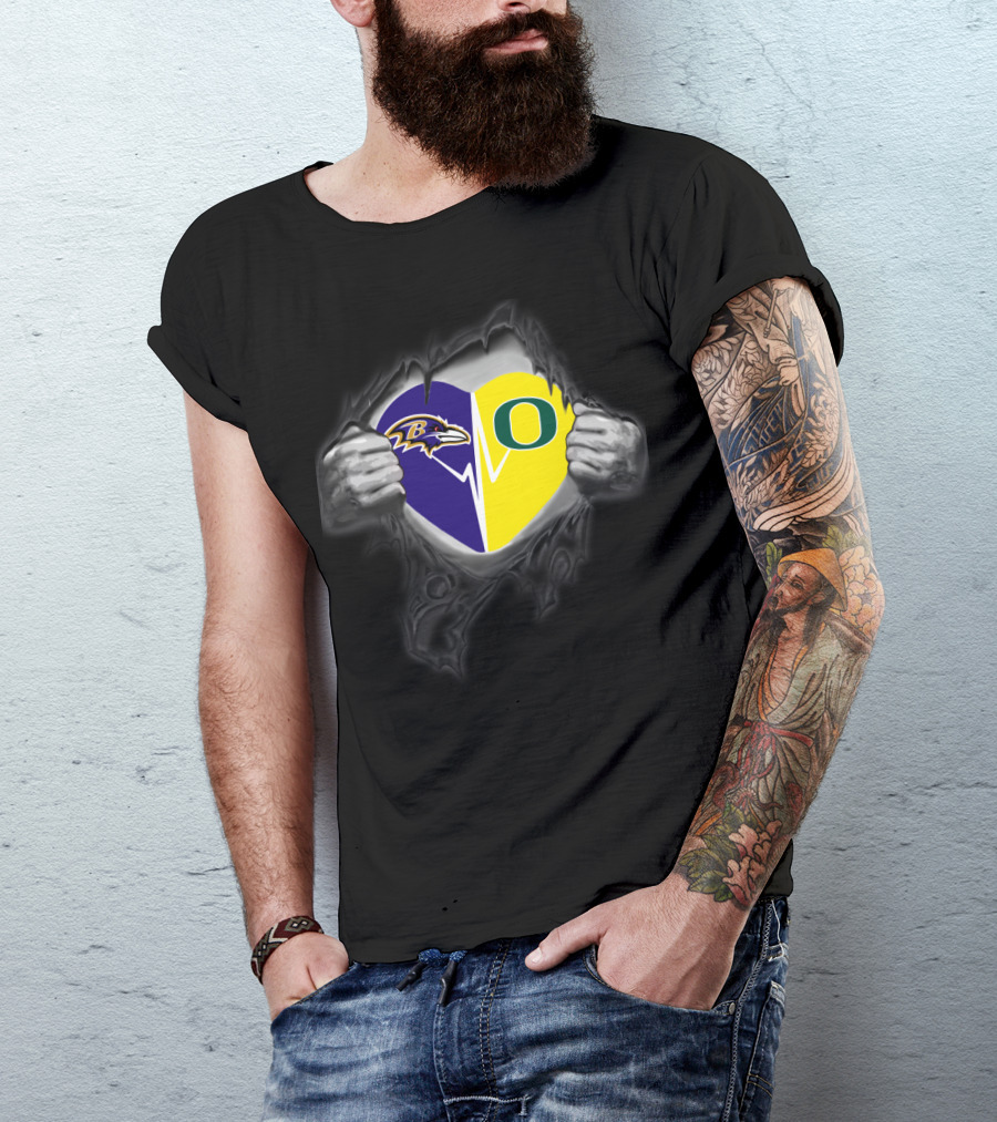 Baltimore Ravens Heart Oregon Ducks Football Loyalty Fusion T-Shirt
