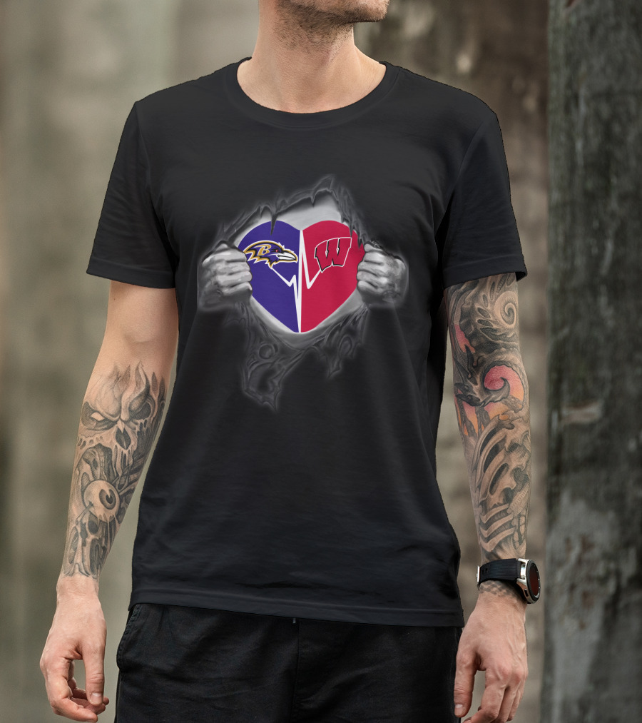 Baltimore Ravens Wisconsin Badgers Heart Logo Fusion T-Shirt