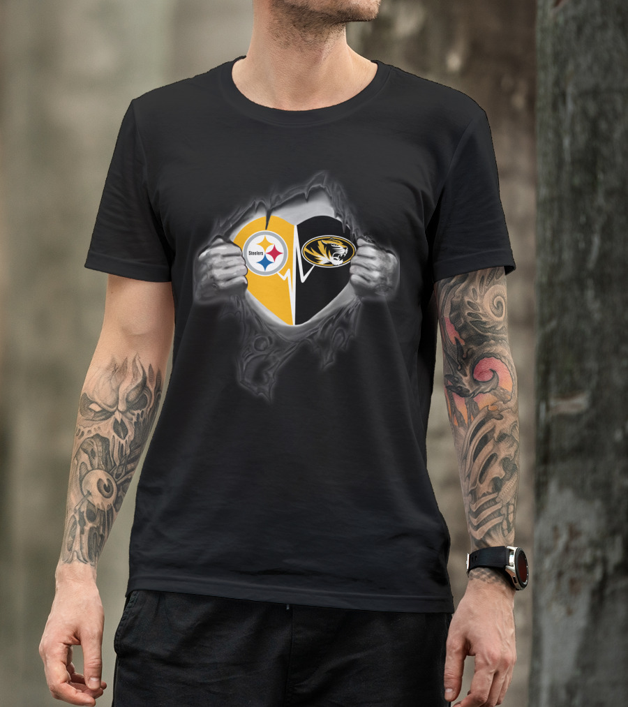 Steelers Missouri Tigers Heart Logo Fusion T-Shirt