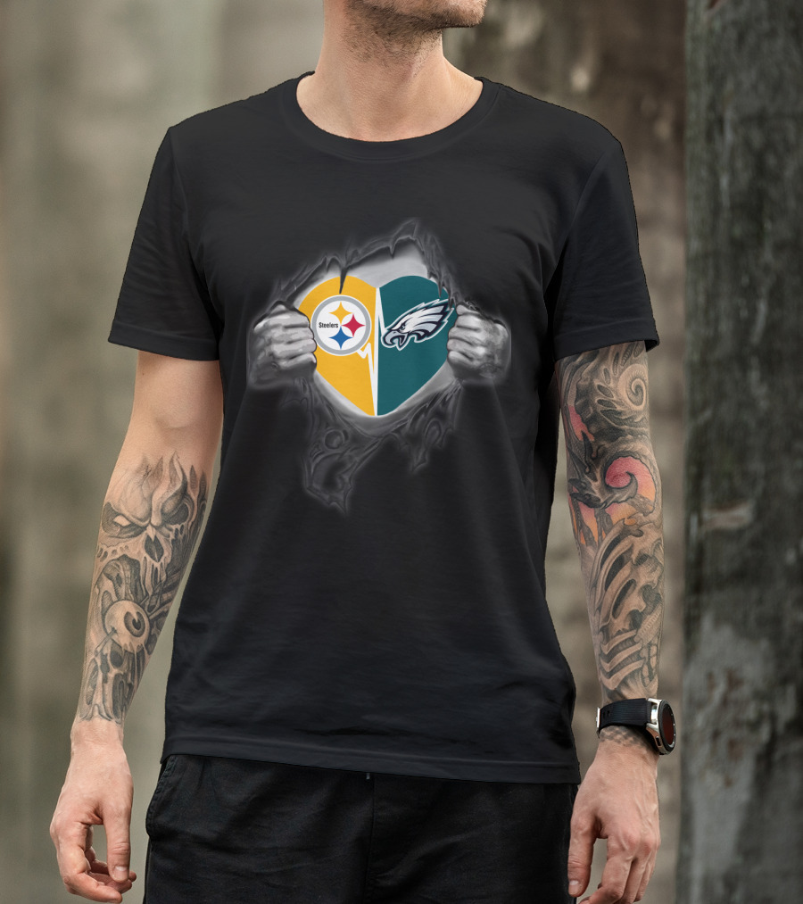 Steelers Eagles Heart Logo Dual Team Fan Pride T-Shirt