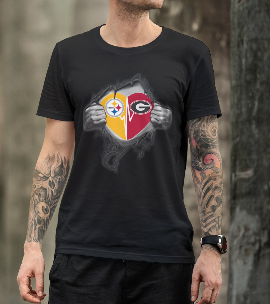 Steelers Georgia Bulldogs Heart Emblem With Torn Background Visuals T-Shirt