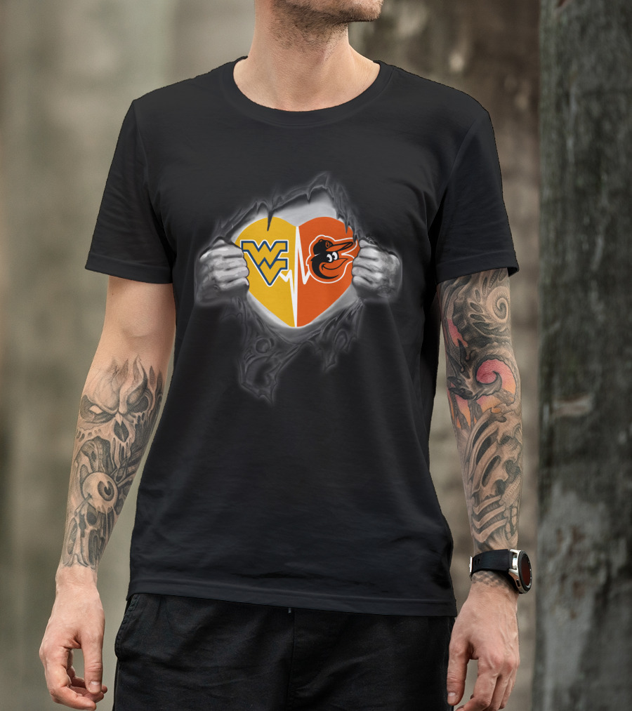 West Virginia Mountaineers Heart Baltimore Orioles Logo Fusion T-Shirt