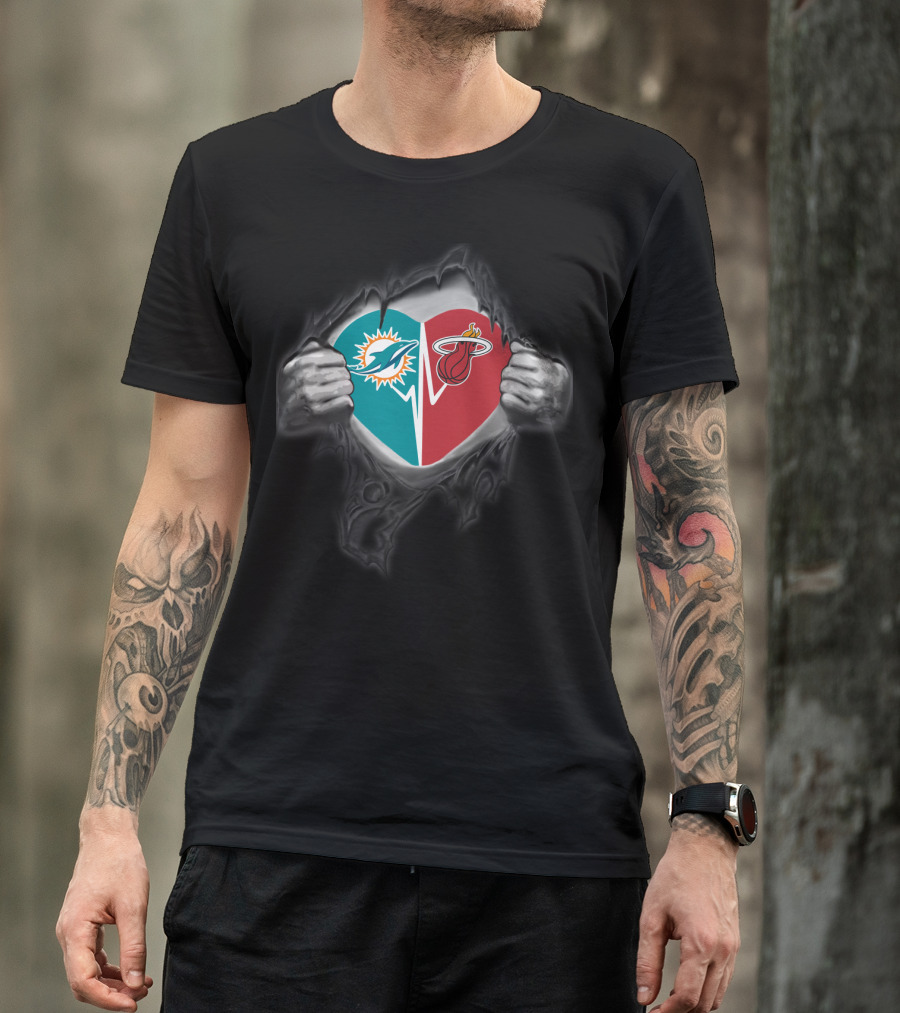Miami Dolphins Miami Heat Heart Logo Fusion T-Shirt