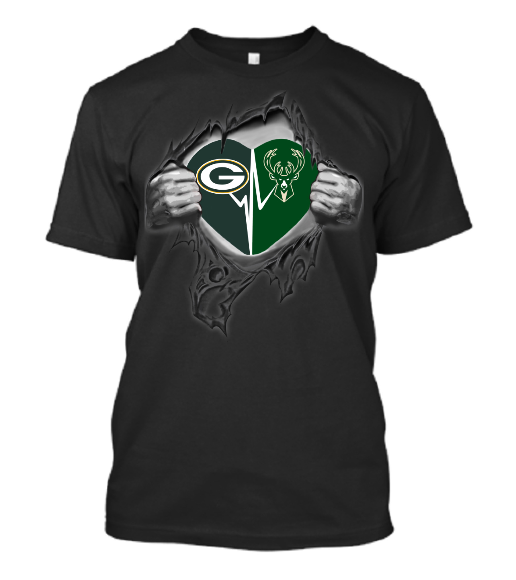 Green Bay Packers Milwaukee Bucks Heart Torn T-Shirt
