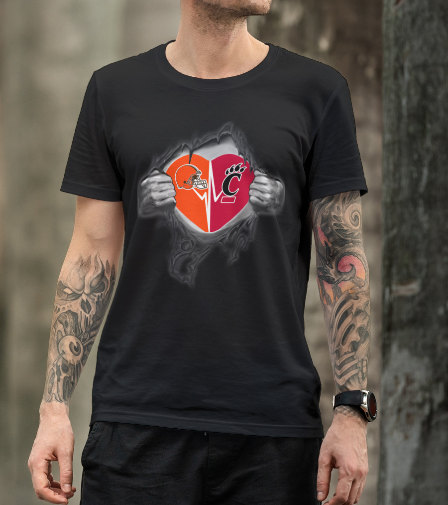 Cleveland Browns Cincinnati Bearcats Heart Football Fan Logo Combination T-Shirt