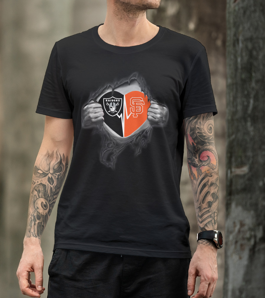 Raiders And San Francisco Giants Heart Symbol Hands Pulling T-Shirt