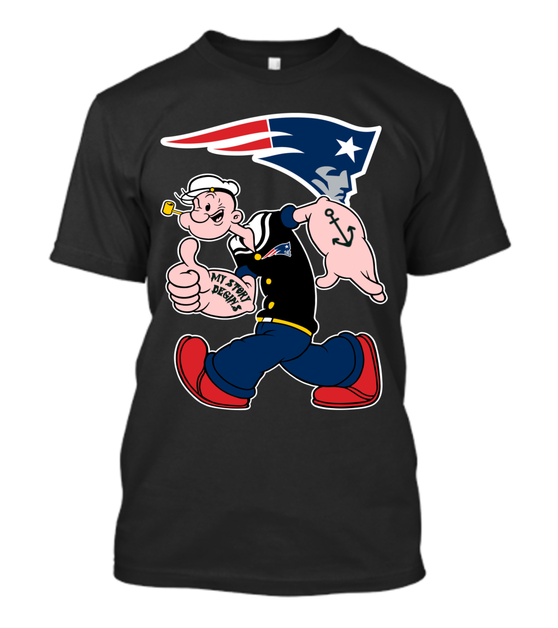 New England Patriots My Story Begins Popeye Navy Sailor Iconic Cartoon Football T-Shirt