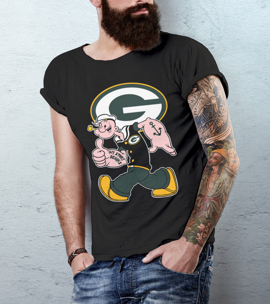 Popeye My Story Begins Green Bay Packers G Logo Anchor Tattoo T-Shirt