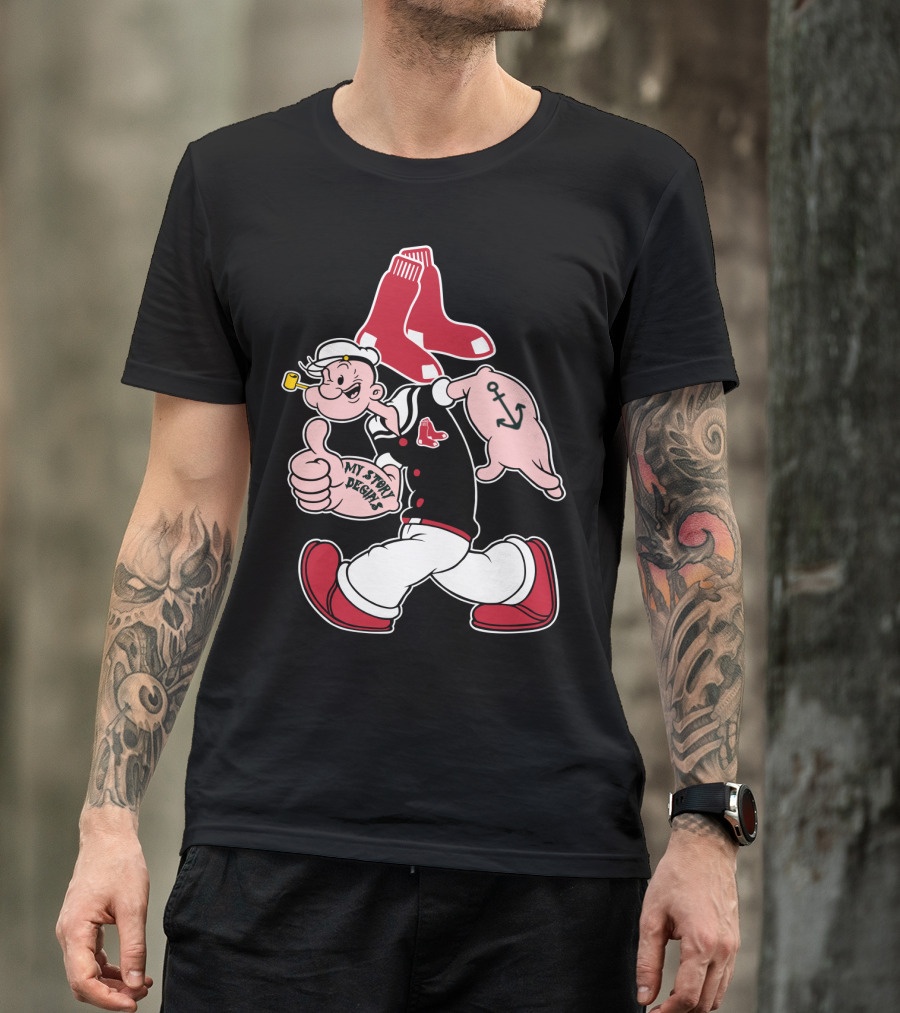 Popeye Thumbs Up Boston Red Sox Double Socks Anchor Tattoo Black T-Shirt