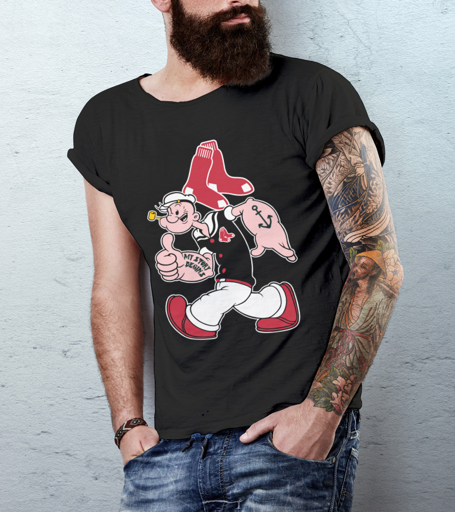 Popeye Thumbs Up Boston Red Sox Double Socks Anchor Tattoo Black T-Shirt