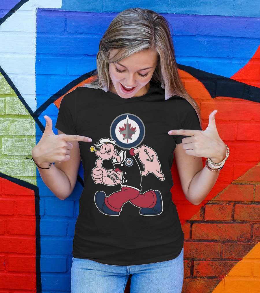 Winnipeg Jets Navy Popeye Walking With Thumbs Up And Anchor Tattoo T-Shirt