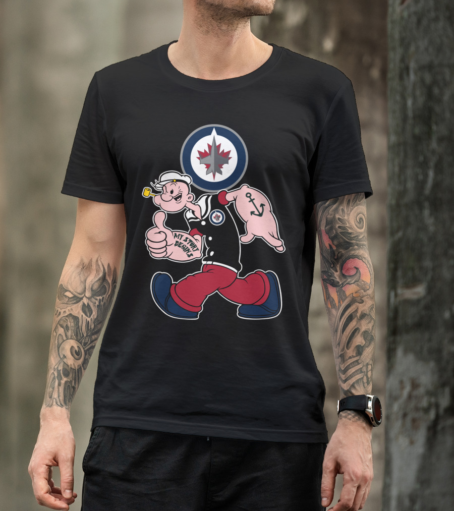 Winnipeg Jets Navy Popeye Walking With Thumbs Up And Anchor Tattoo T-Shirt