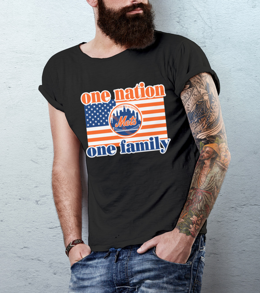 One Nation One Family New York Mets 44 Patriotic American Flag T-Shirt