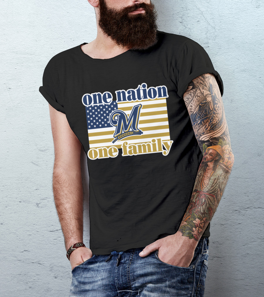One Nation One Family Milwaukee Brewers 46 American Flag T-Shirt