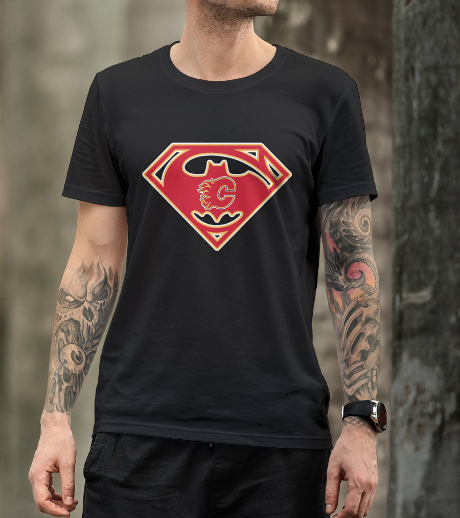 Calgary Flames Logo Combined With Superman Batman Symbol T-Shirt