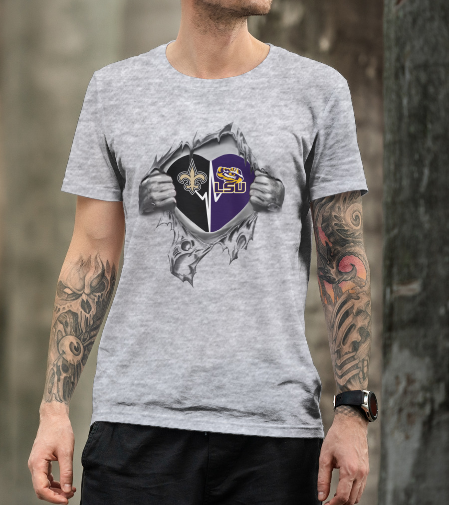 Saints Heart With Lsu Tigers Logo Peeking Through T-Shirt