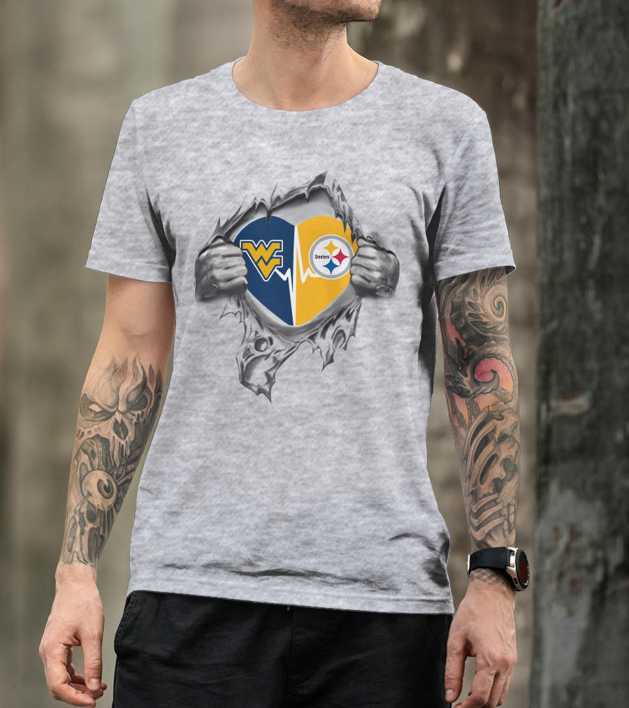 Wv Steelers Mountaineers Heart Steel Rip T-Shirt