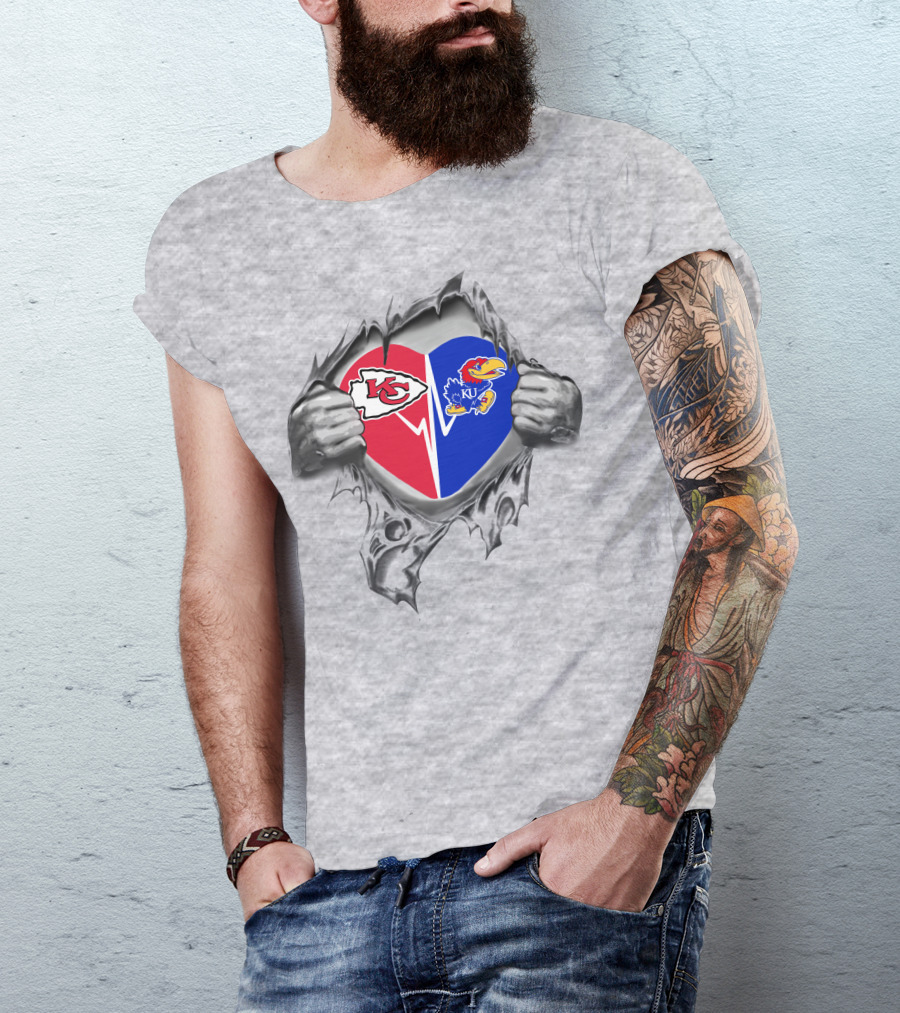 Chiefs Jayhawks Heart With Kansas City Kc And Ku Logos T-Shirt