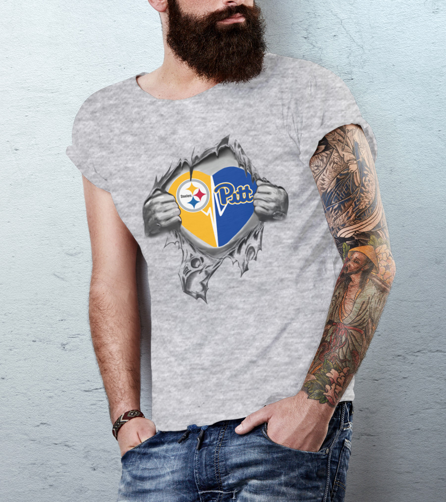 Steelers Pittsburgh Panthers Heart Design With Torn Hands T-Shirt