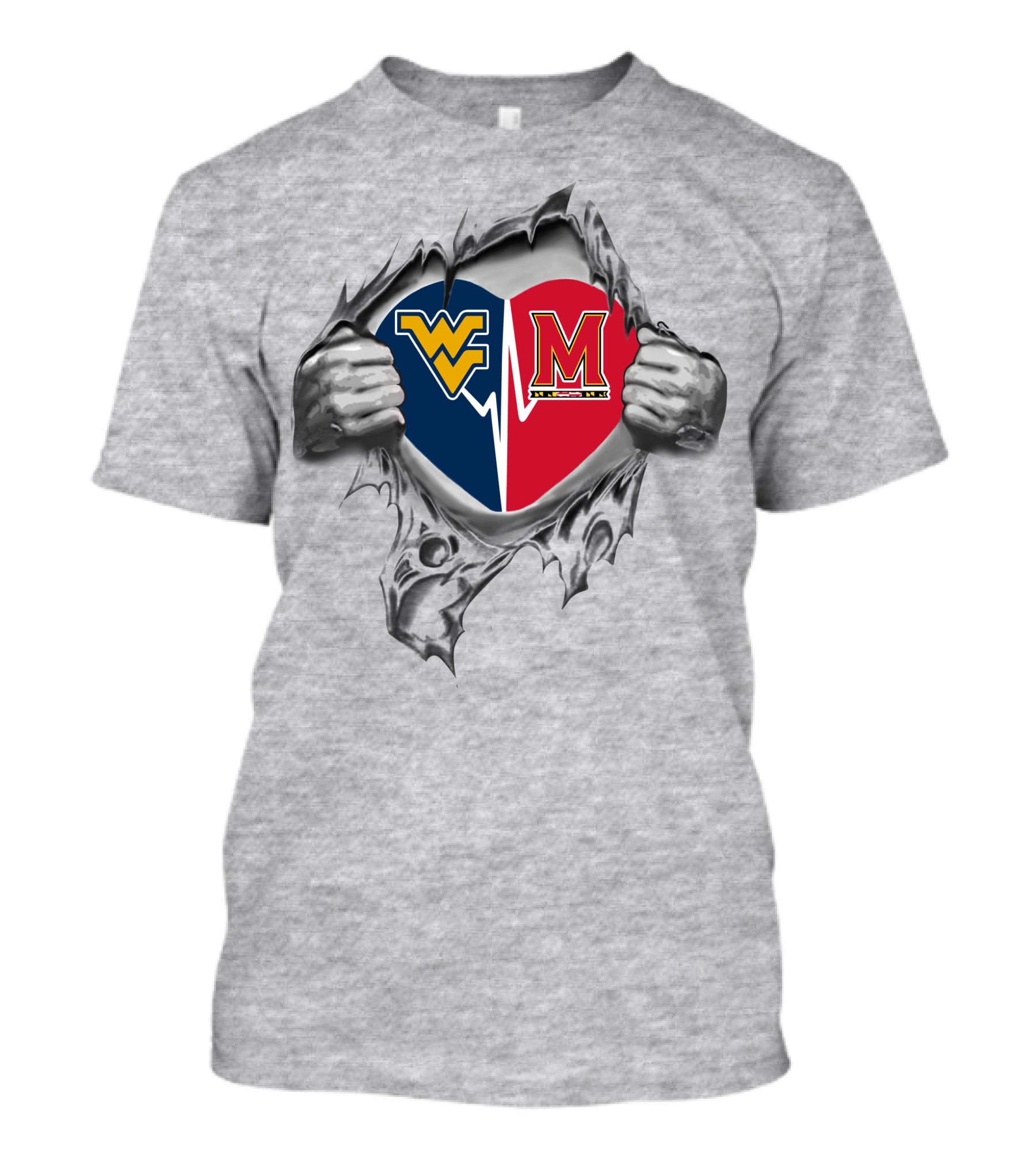 Wvu Vs. Maryland Heart Split With Revealing Metal Hands T-Shirt