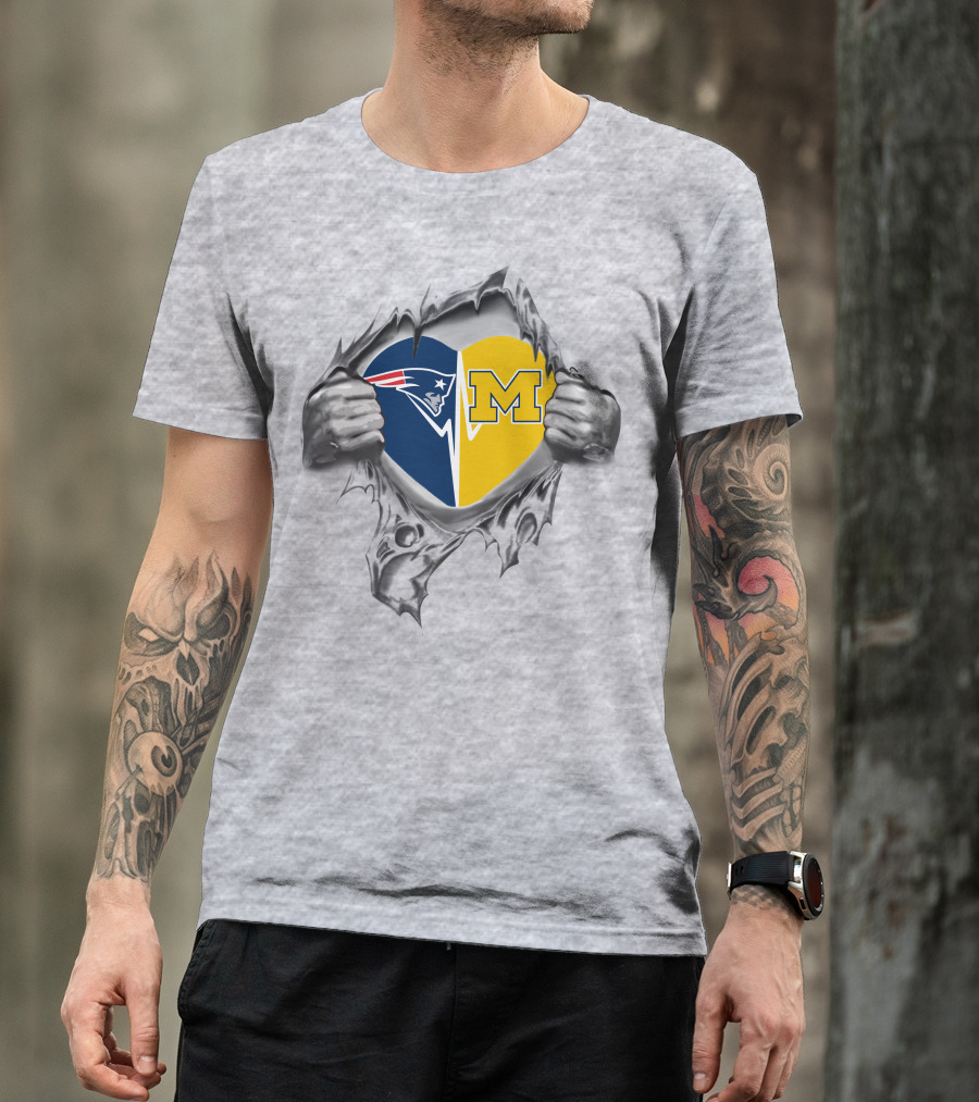 Patriots Wolverines Heartburst Love For New England And Michigan T-Shirt