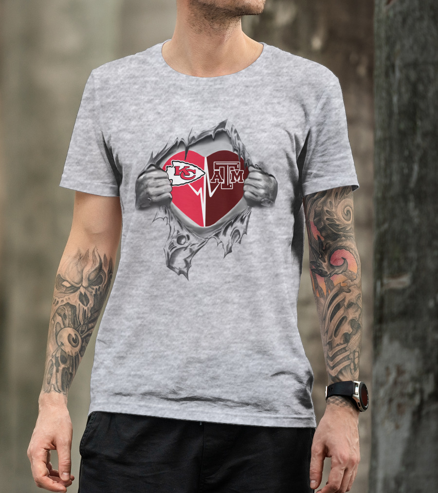 Kansas City Chiefs And Texas A&M Heart Logo With Ripped T-Shirt