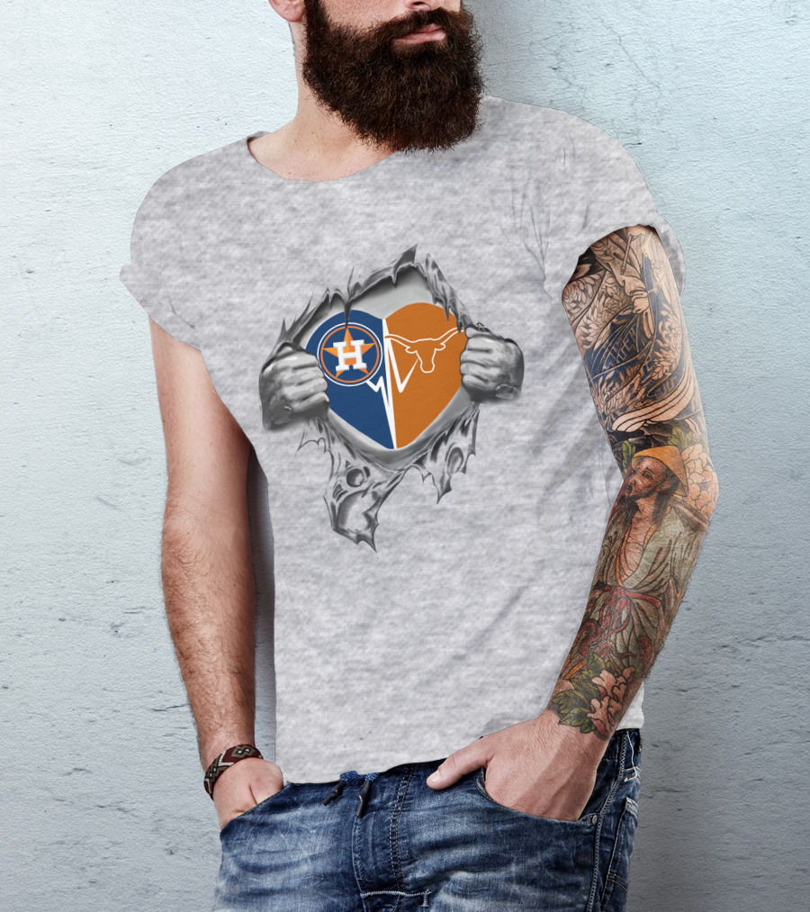 Astros Texas Longhorns Heart With Ripped Hands T-Shirt